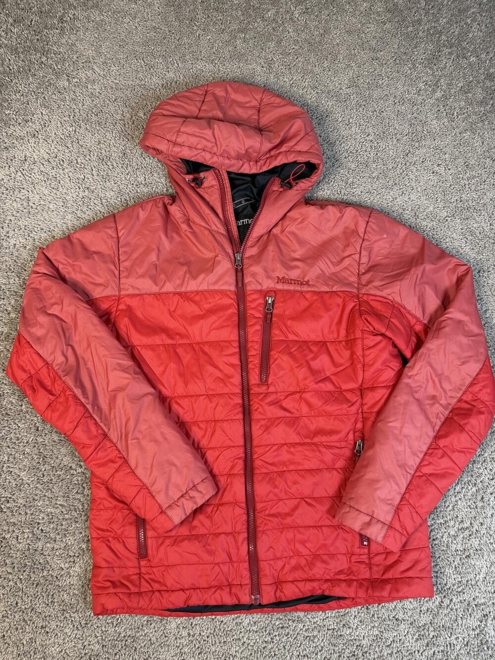 Marmot Jacket Mens M Red Puffer Cauldron Hooded Insulated Lined Full Zip Pockets